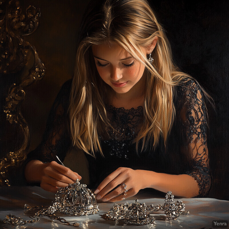 A woman with long blonde hair sits at a table crafting an ornate crown using small tools.