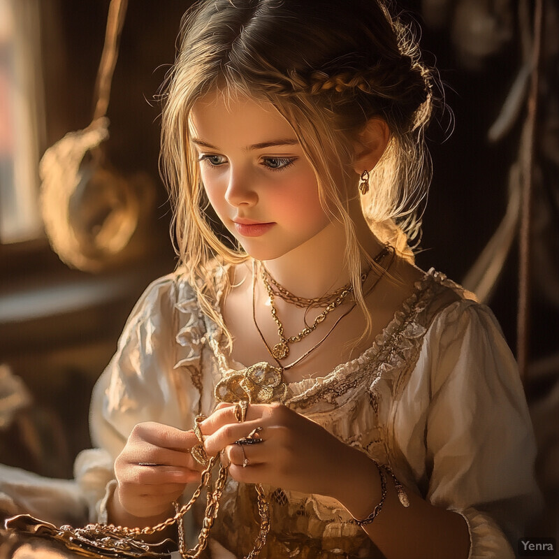 A young girl with golden jewelry in a cream-colored dress holding a golden object