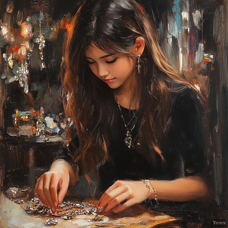 Young woman sitting at a table surrounded by jewelry and accessories