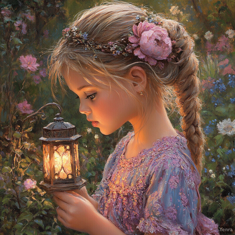 A young girl with blonde hair and a flower crown holds a lantern in front of a backdrop of lush greenery and vibrant flowers, evoking a sense of peace and tranquility.