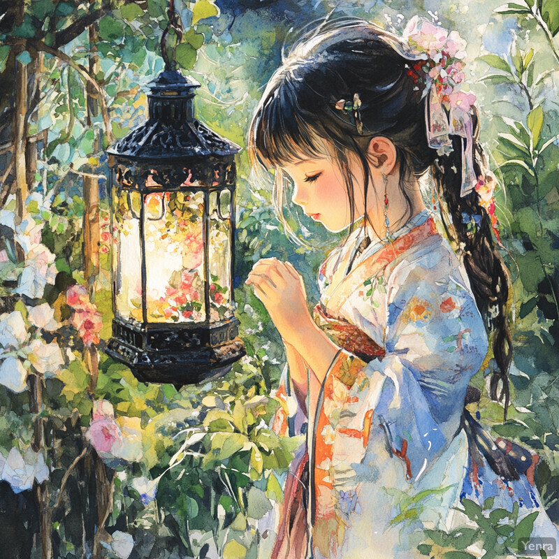 An Asian woman stands amidst lush greenery and vibrant flowers, wearing traditional attire and gazing at a lantern.