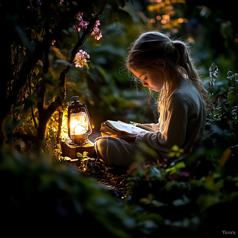 A young girl sits in a lush garden, engrossed in reading a book by the light of a lantern.