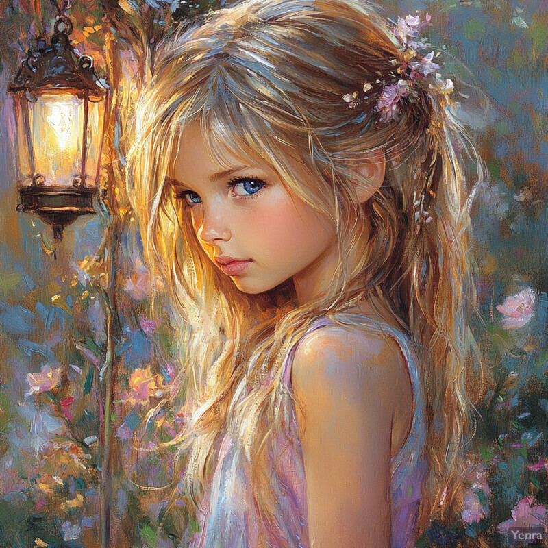 A young girl stands in front of a lantern surrounded by flowers, exuding innocence and vulnerability.