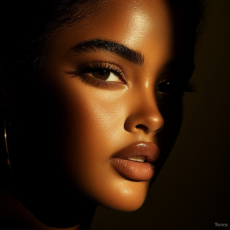 A close-up portrait of a woman with dark brown skin and ethereal makeup, gazing downward and to the right in a minimalist setting.