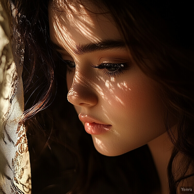 A serene close-up portrait of a woman with dark hair and fair skin, bathed in sunlight streaming through lace curtains