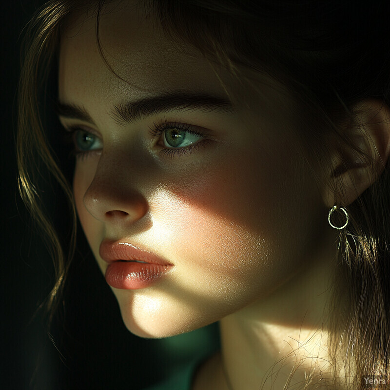 A young woman with striking features and an ethereal quality to her appearance is captured in this captivating close-up portrait.