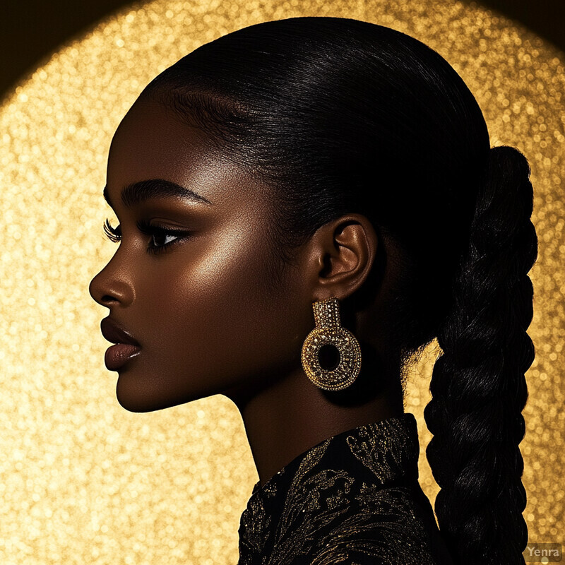 A captivating portrait of a woman with dark skin and black hair styled in a sleek ponytail, exuding an air of sophistication and elegance.