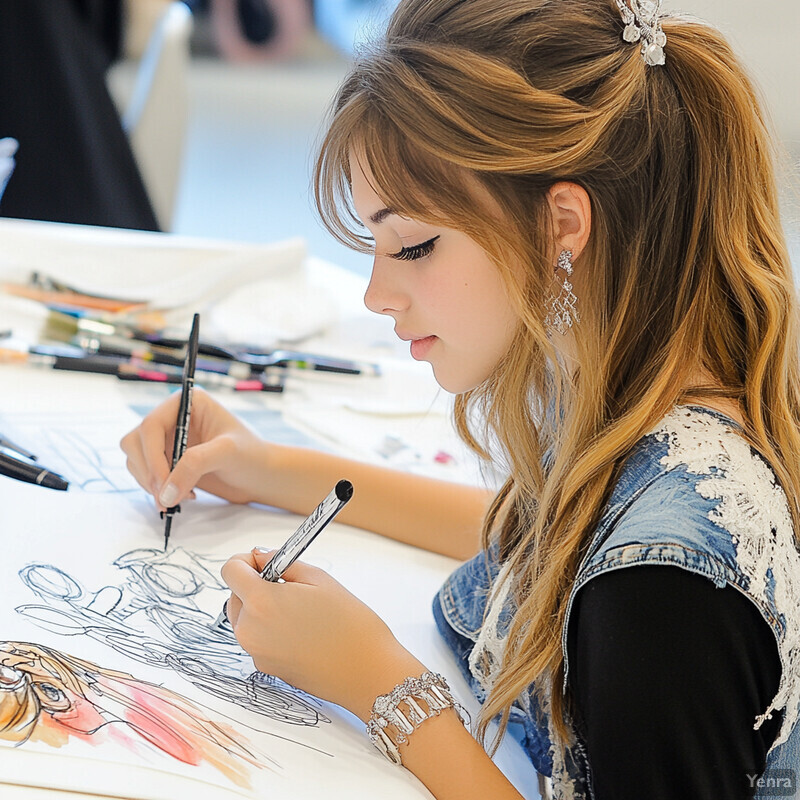 A young woman sketches on paper at a white table, surrounded by pens and pencils.