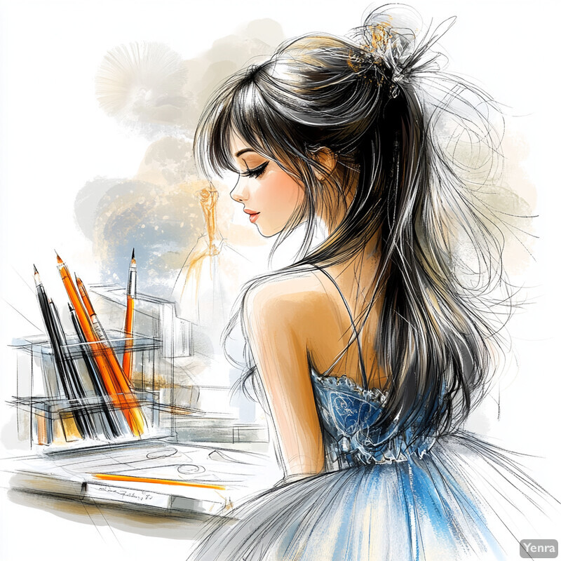 A young woman sitting at a desk surrounded by art supplies