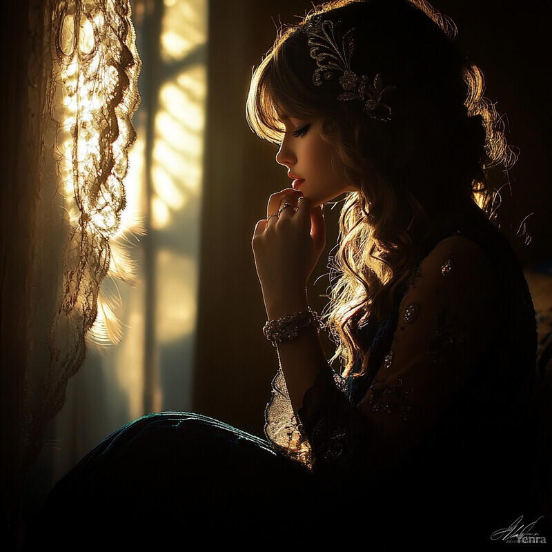 A serene and contemplative scene of a woman sitting by a window