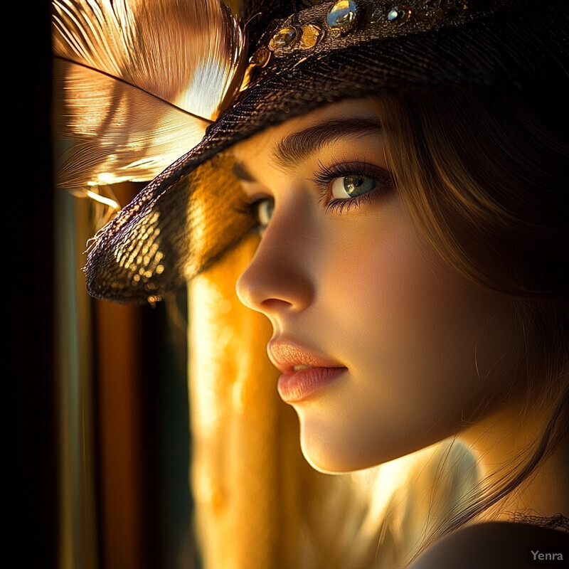 A close-up profile of a woman wearing an elaborate feathered hat.