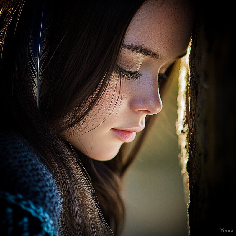 Close-up portrait of a woman with long brown hair and a blue knit sweater, gazing downward in contemplation.