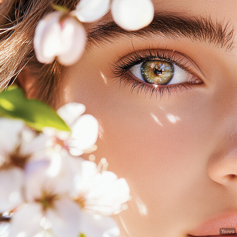 A close-up shot of a woman's eye, with her face partially visible on the right side, showcasing her greenish-brown colored eye and long eyelashes.