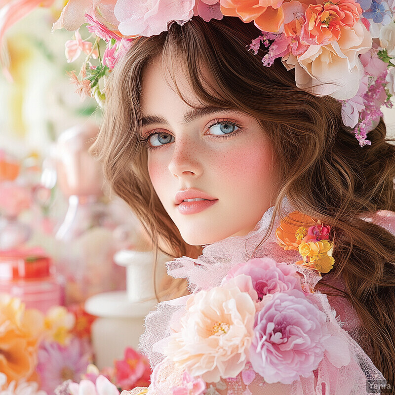 A young woman with blue eyes and long brown hair wears a floral crown and pink dress in an elegant setting.