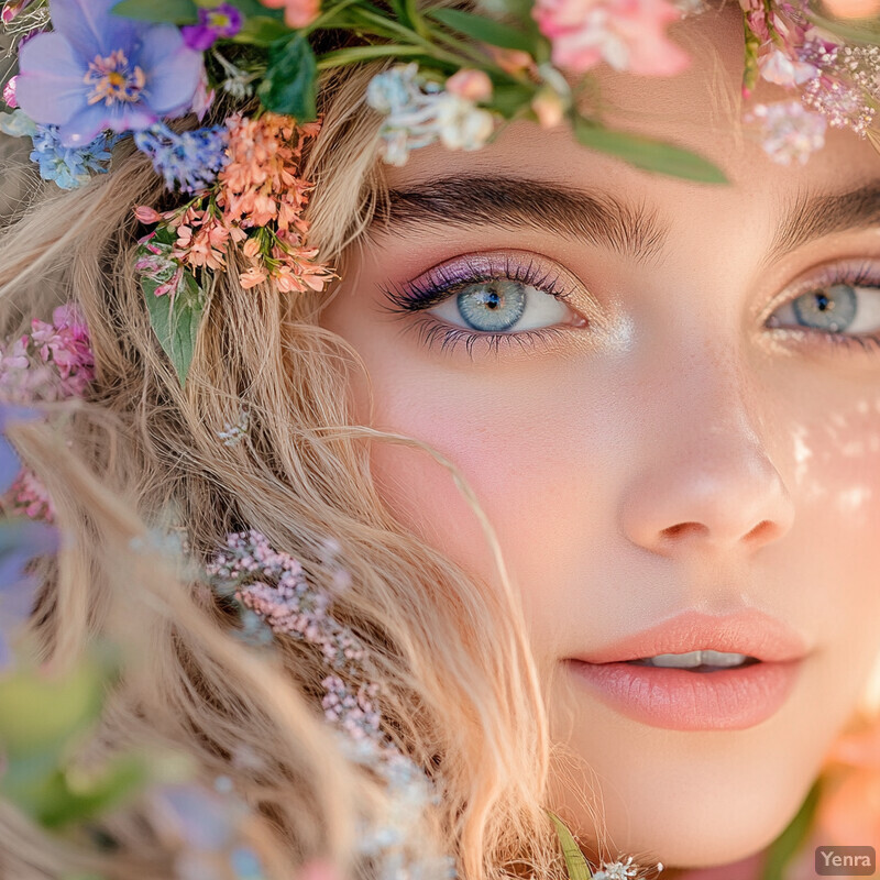 A woman's face adorned with an assortment of flowers and foliage