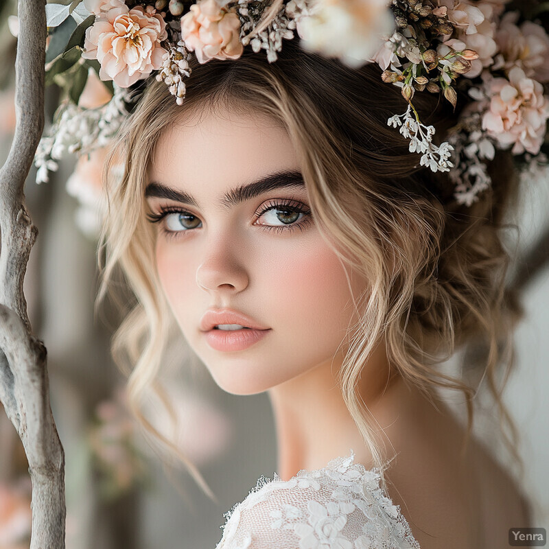 A young woman with long blonde hair and a flower crown poses in front of a blurred background.