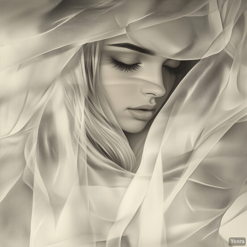 A serene and elegant scene of a woman's face partially obscured by flowing white fabric