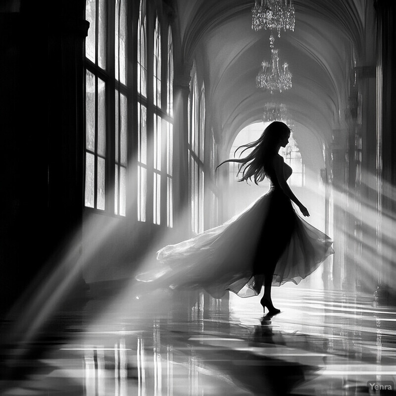 A woman dances through an ornate hallway, her flowing dress and long hair captured in mid-twirl.