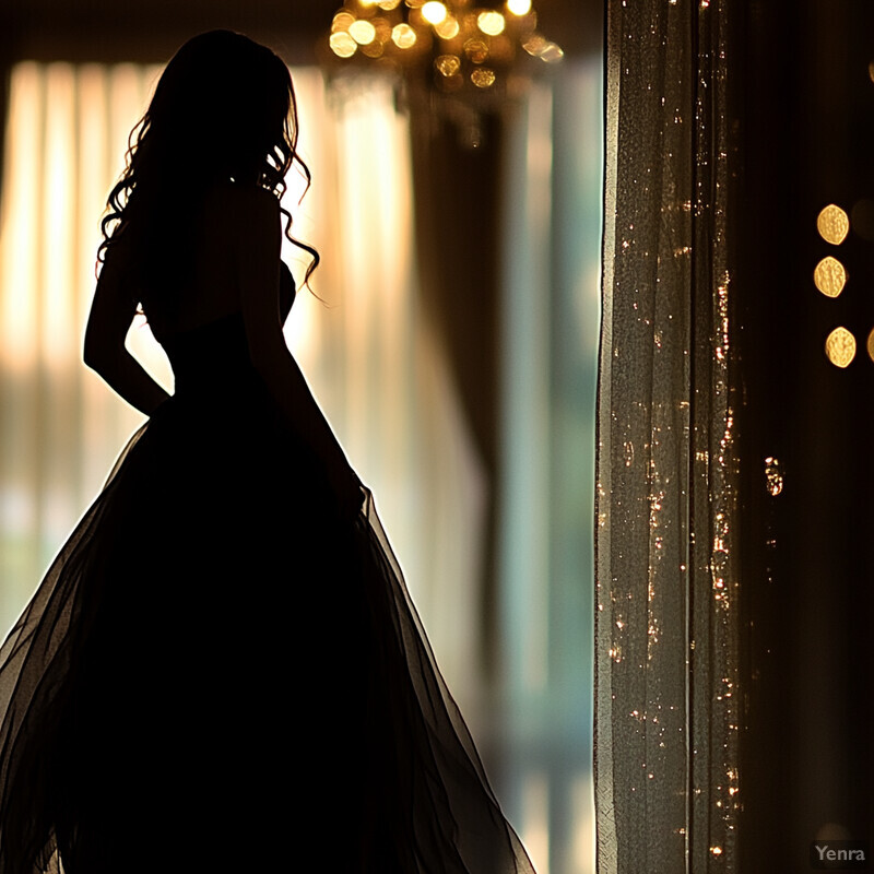 A woman in a long dress stands in front of a window with sheer curtains, exuding confidence and poise.