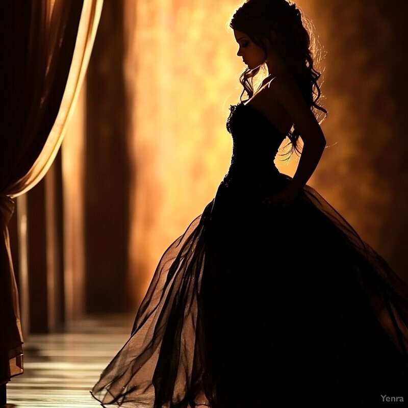 A woman in a formal gown stands in front of a wall, exuding elegance and poise.