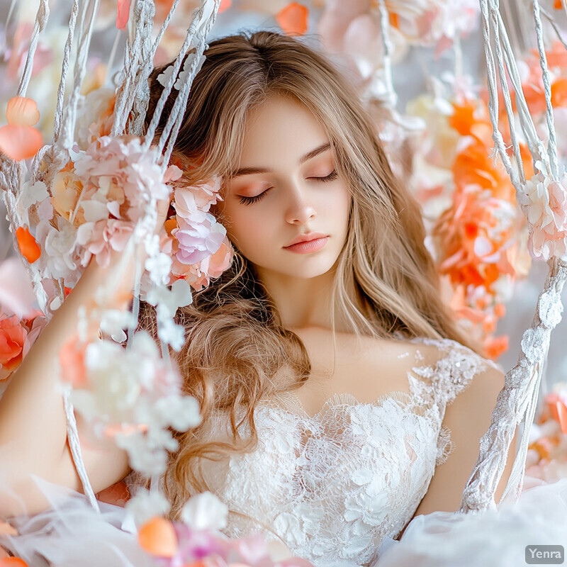 A serene and dreamy scene of a young woman in a white wedding dress surrounded by flowers.