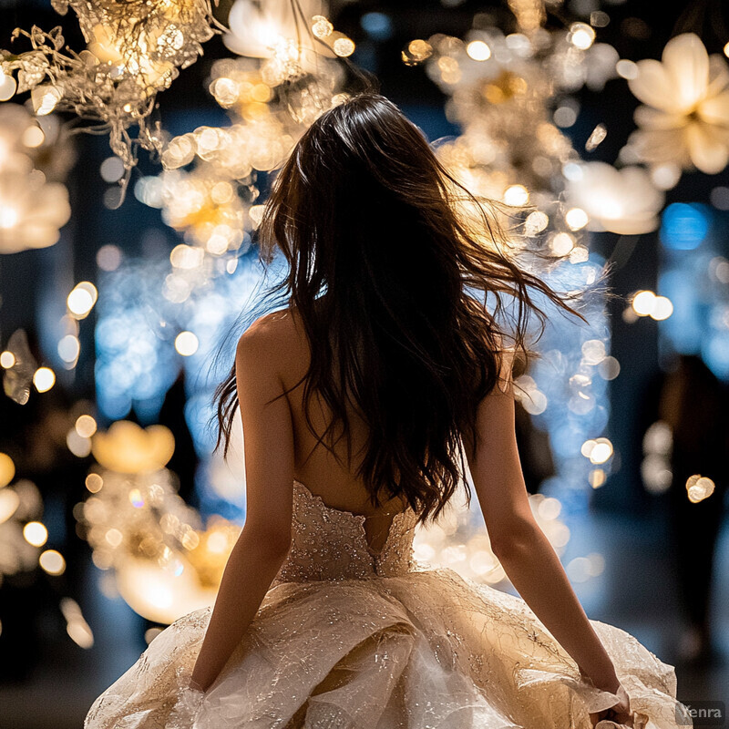 A woman in a ballgown gazes down at the ground with a thoughtful expression