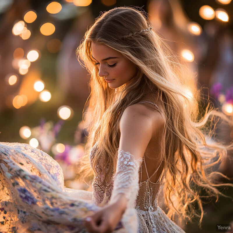 A young woman with long blonde hair is dressed in a stunning white wedding dress, gazing at something below her.