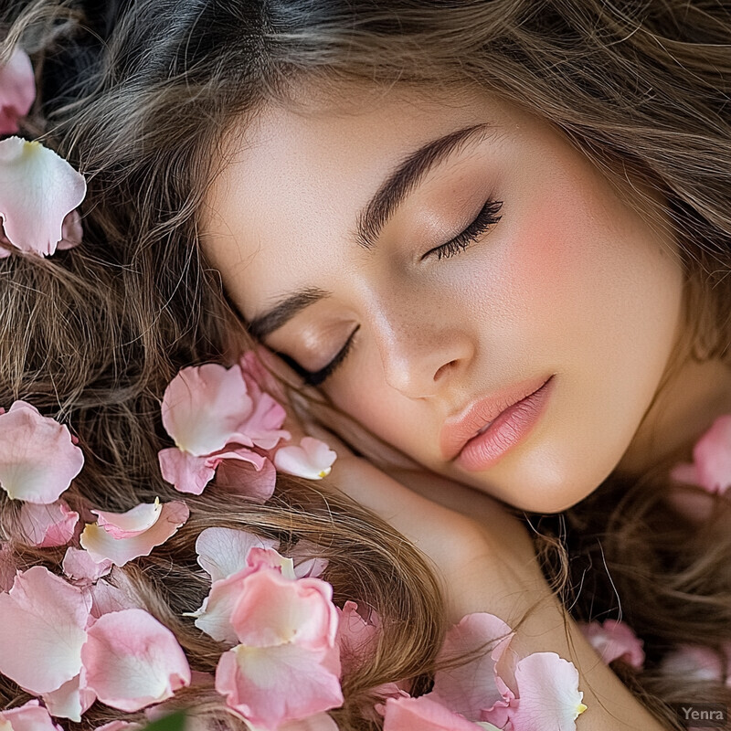 A serene close-up portrait of a woman with long brown hair, surrounded by pink rose petals