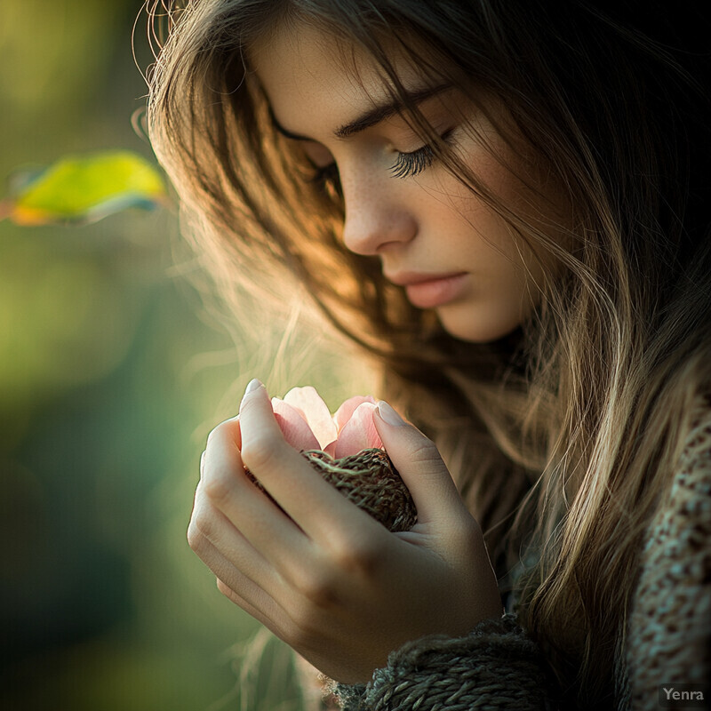 A young woman with long brown hair gazes down at a pink flower in her hand, appearing lost in thought.