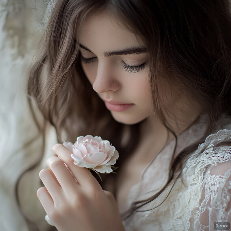 A young girl holding a pink rose