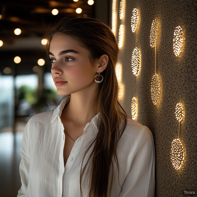 A young woman stands confidently in front of a wall adorned with circular lights, wearing a white button-down shirt and silver hoop earrings.