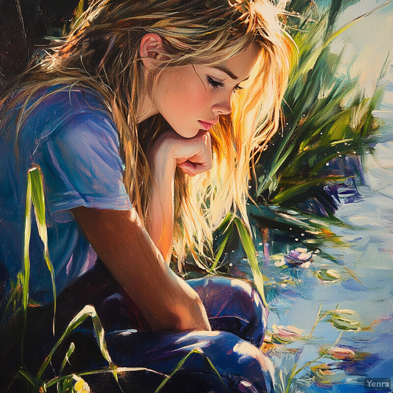 A young girl sits by a pond or lake, surrounded by greenery, lost in thought.