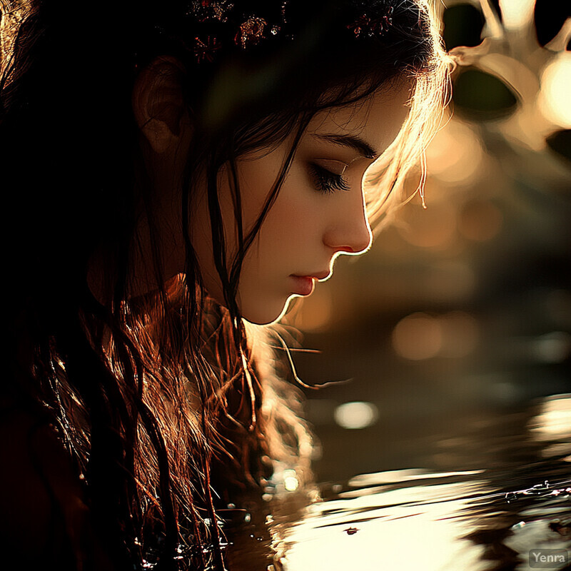 A woman sits on a rock near a body of water, surrounded by nature.