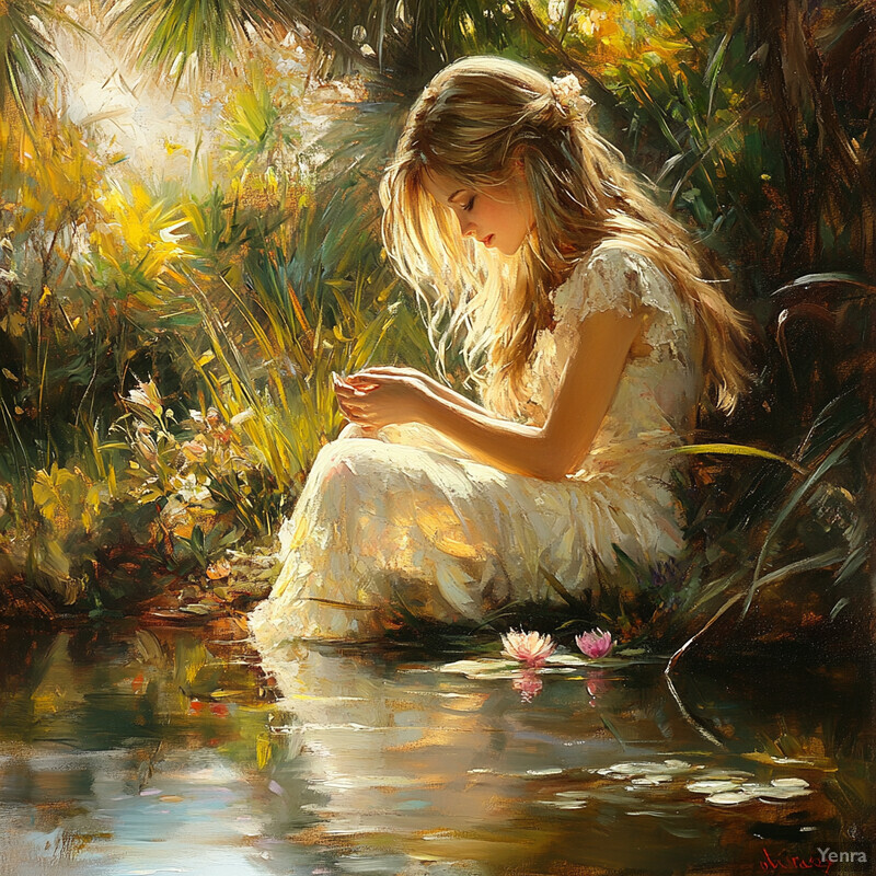 A young girl sits by a pond, surrounded by lush greenery and vibrant flowers, lost in contemplation.