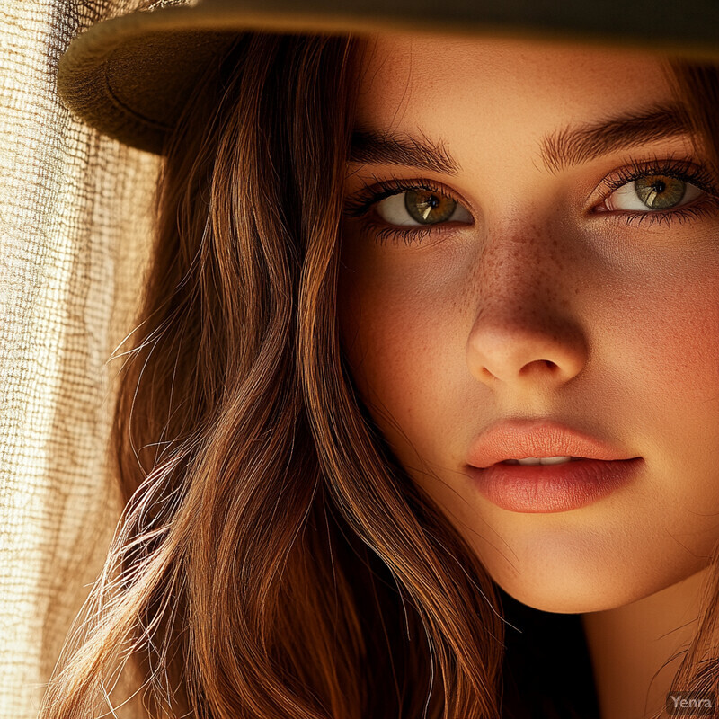 A young woman with striking green eyes and long brown hair looks directly at the camera, wearing a wide-brimmed hat and a delicate necklace in an outdoor setting.