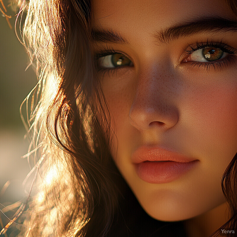 A close-up portrait of an individual with long hair and brown eyes, gazing directly at the camera.