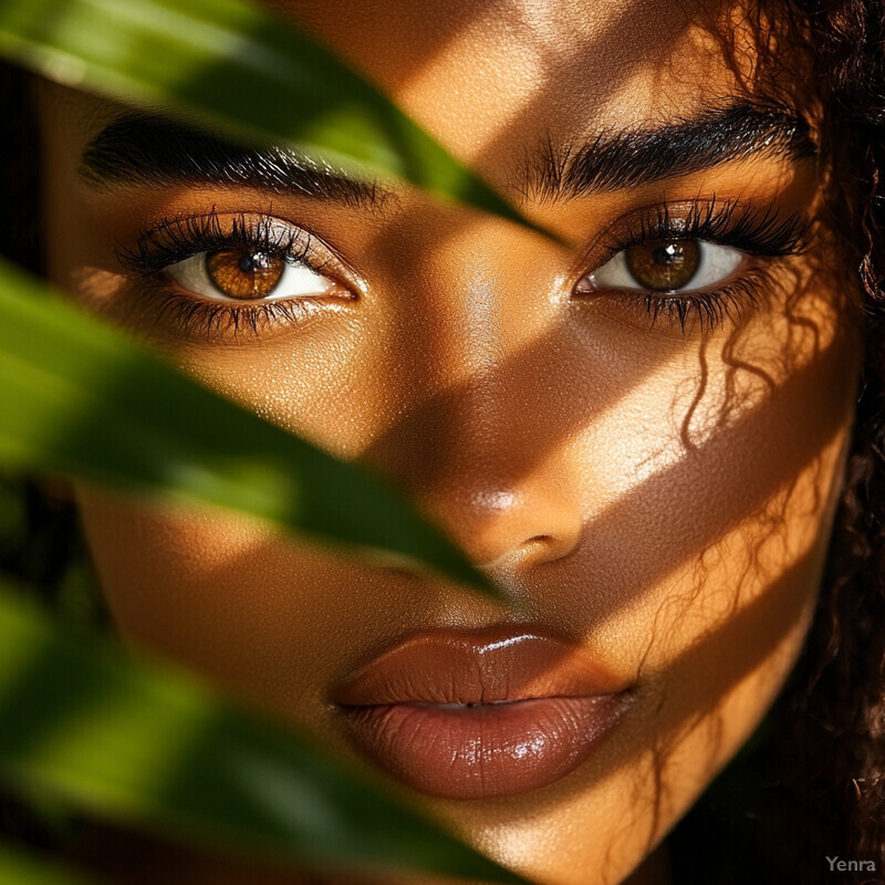 A woman's face partially obscured by green leaves