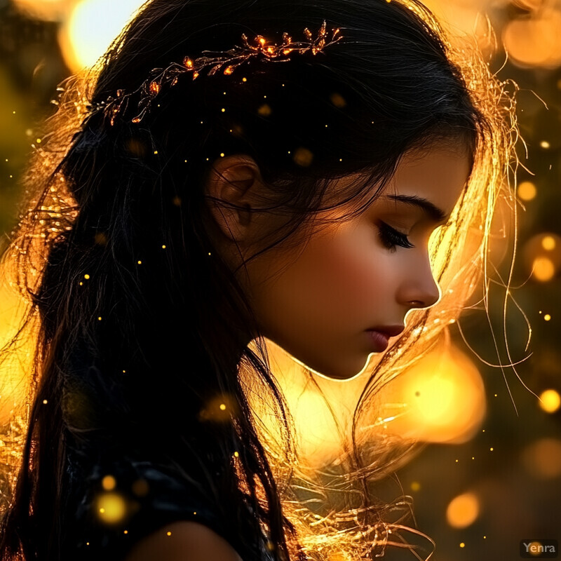 A woman with long dark hair and a gold and orange headpiece gazes downward in a serene outdoor setting.