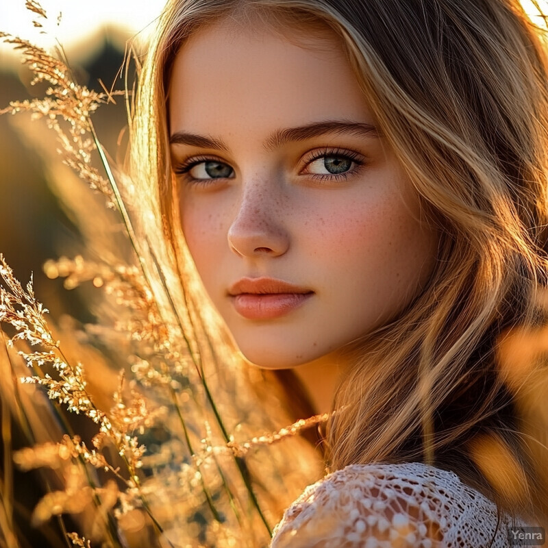 A young woman stands amidst tall grasses at sunset, exuding confidence and poise as she gazes directly at the camera with an enigmatic expression.