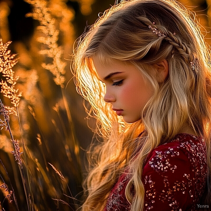 A young girl stands in a field of tall grass, wearing a sparkly red dress and gazing down at something on the ground.