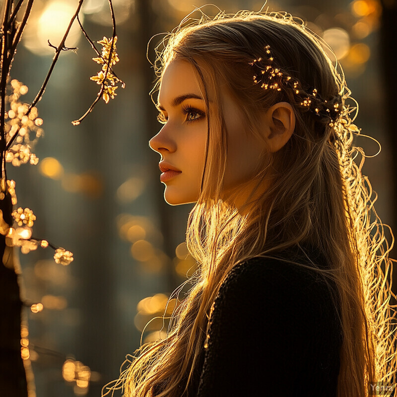 Portrait of a woman with golden hair and flower crown