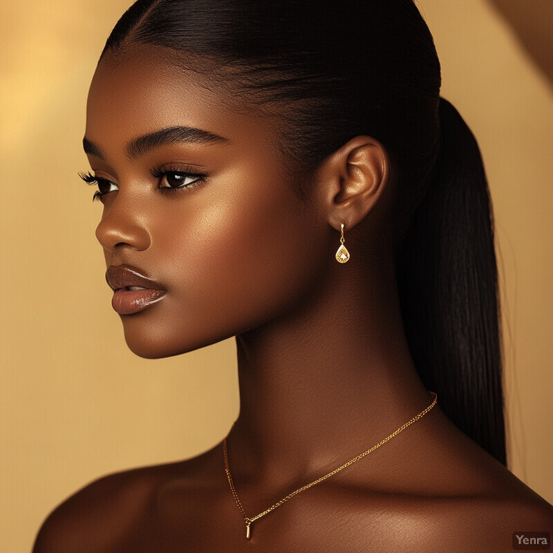 A close-up portrait of a woman with dark skin and long black hair, adorned with a delicate gold necklace featuring a small teardrop-shaped gemstone.