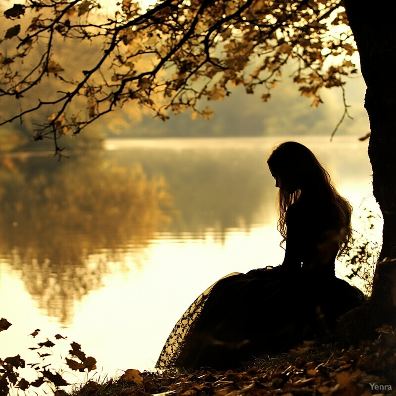 A woman sits by a lake or pond surrounded by autumnal foliage.