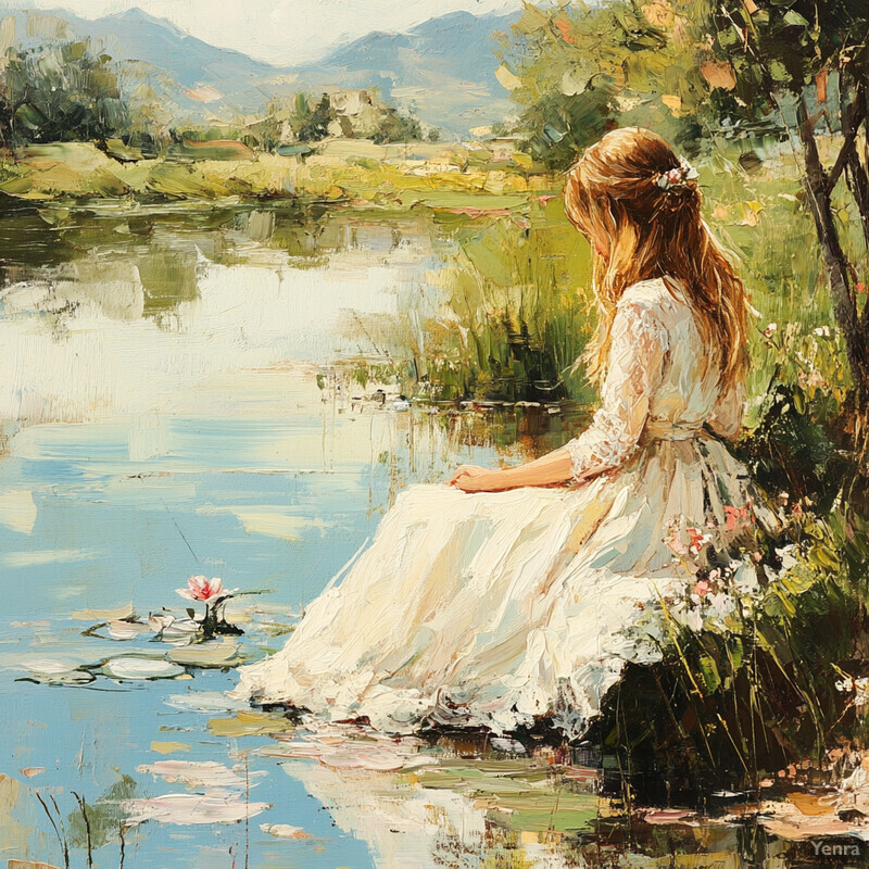 A serene painting of a woman sitting by a body of water, surrounded by lush greenery and vibrant flowers.