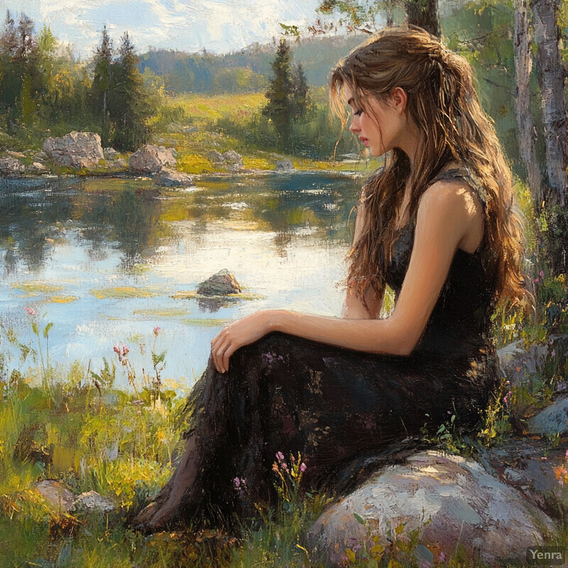 A young woman sits on a rock by a lake, surrounded by lush greenery and vibrant wildflowers, lost in thought with her eyes cast downward.