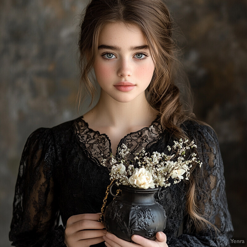 A young woman with blue eyes and brown hair gazing directly at the camera, wearing a black lace dress.