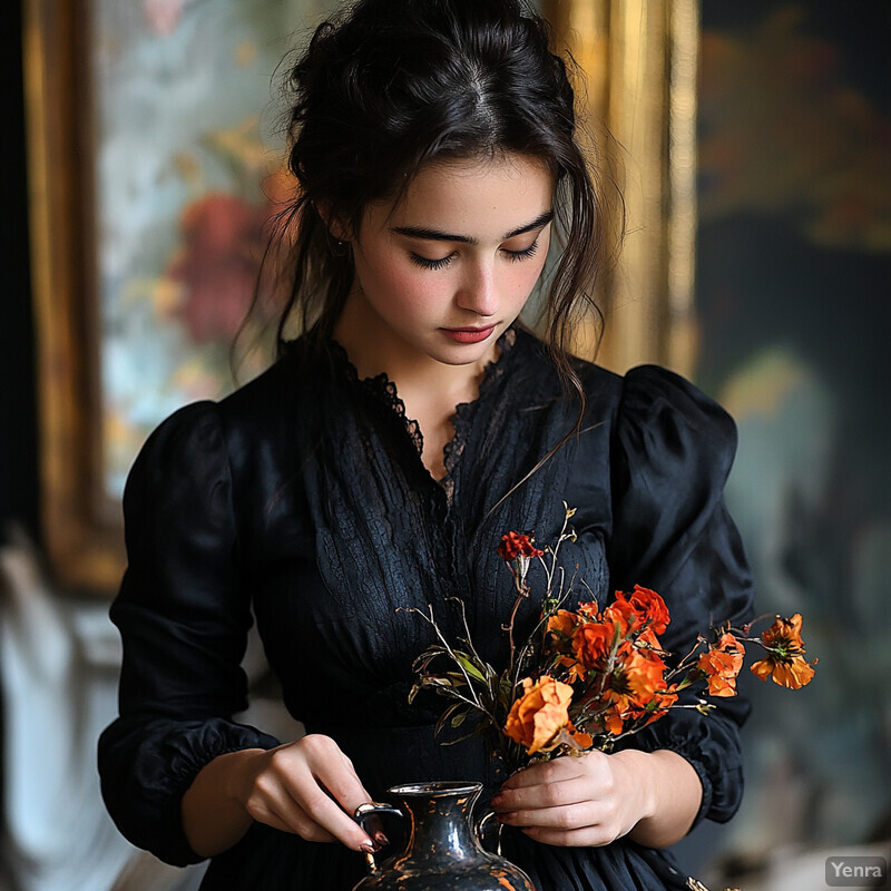 A young woman with dark hair styled in an updo holds a vase containing orange flowers, standing in front of a blurred wall with a large painting or mural.