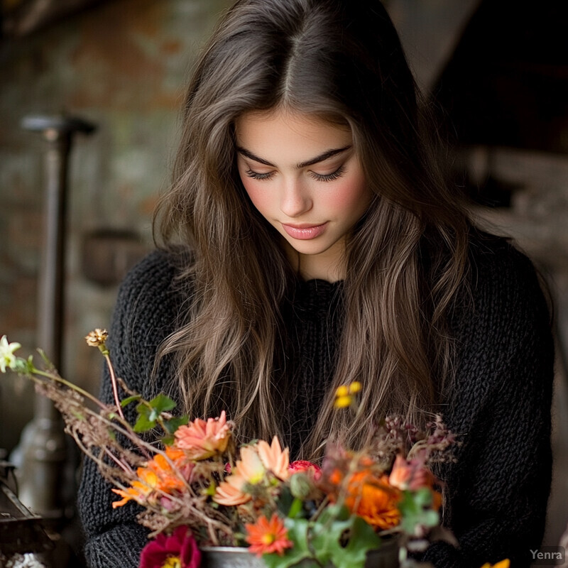 A young woman with long brown hair and a black knitted sweater stands in front of a rustic brick wall, surrounded by colorful flowers.