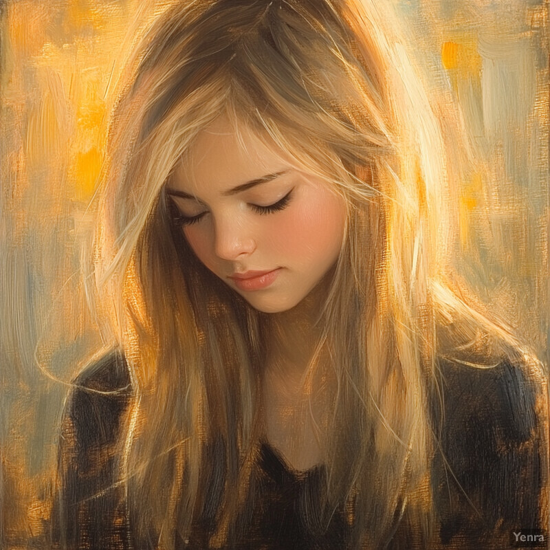 A young woman with long blonde hair and a black top gazes downward in contemplation.