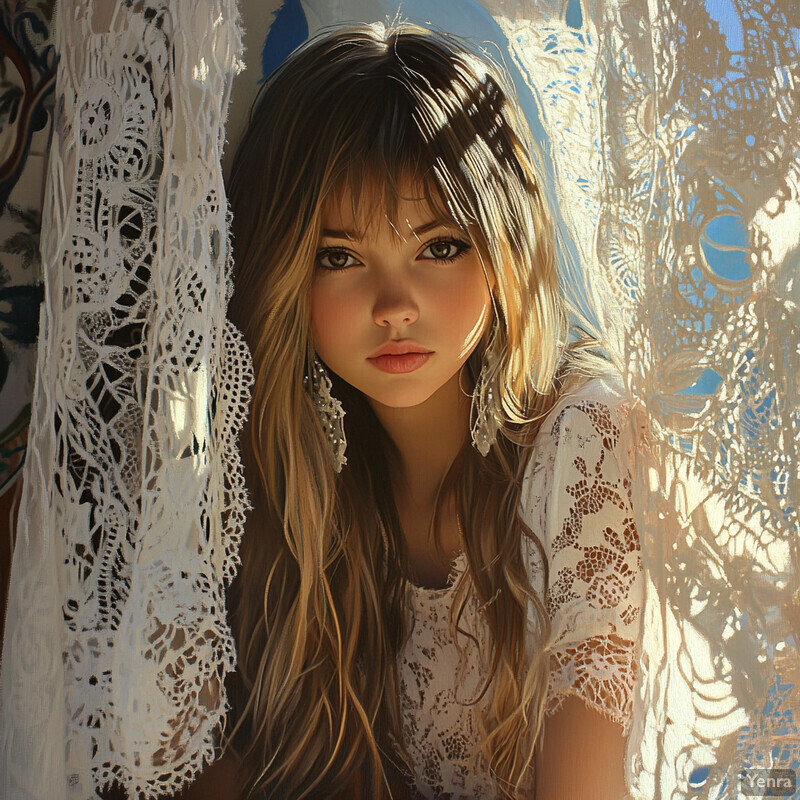 A woman in a white lace top or dress poses in front of an off-white wall with gold designs.